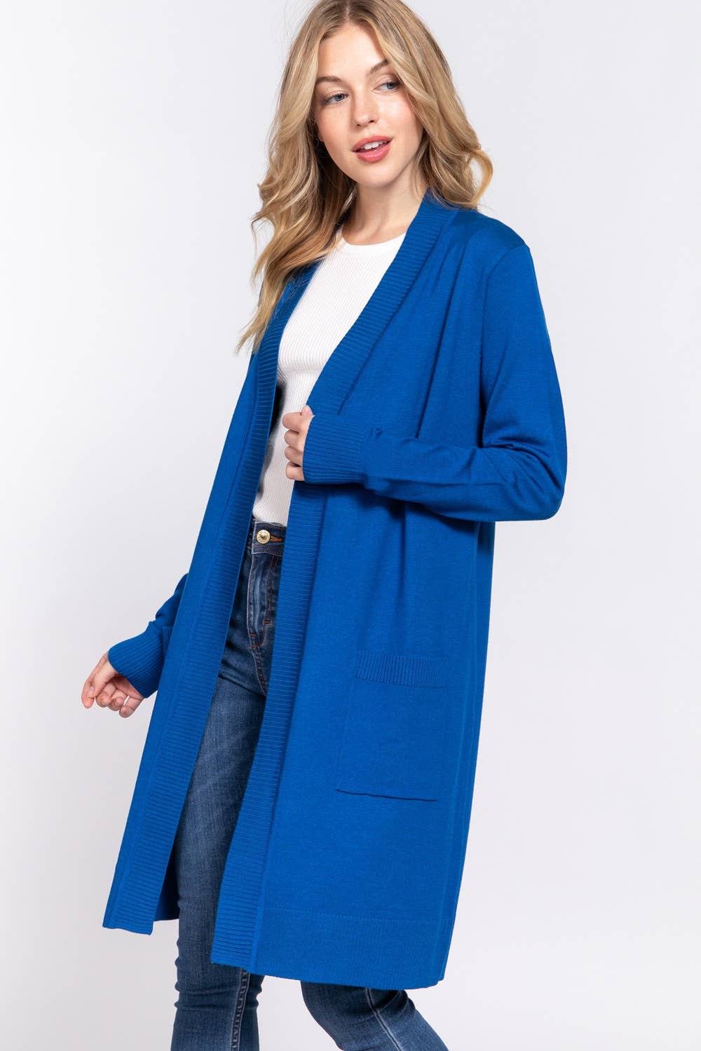 Long Sleeve Rib Banded Open Tunic Sweater Cardigan