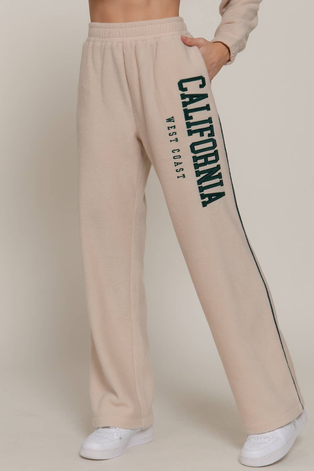Wide Leg Piping Detail Fleece Pants with Embroidery