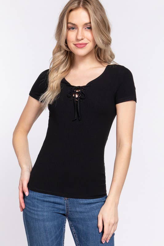 Short Sleeve Round Neck With Lace up Detail Rayon