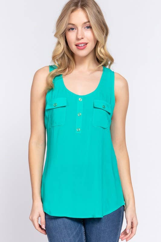 Sleeveless Scoop Neck Buttoned Pocket Woven Top