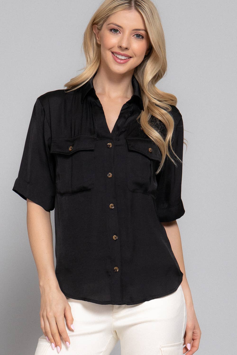 Short Sleeve Button Down Washed Dull Satin Shirt