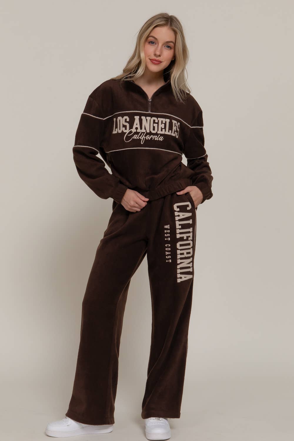 Wide Leg Piping Detail Fleece Pants with Embroidery