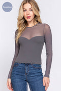 Long Sleeve Round Neck Mesh Combination Seamless Top