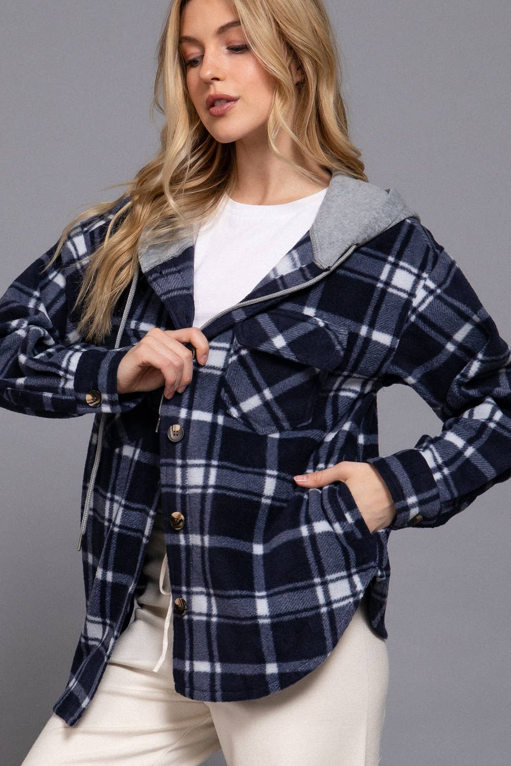 Long Sleeve Plaid Button Down with Hoodie Fleece Jacket