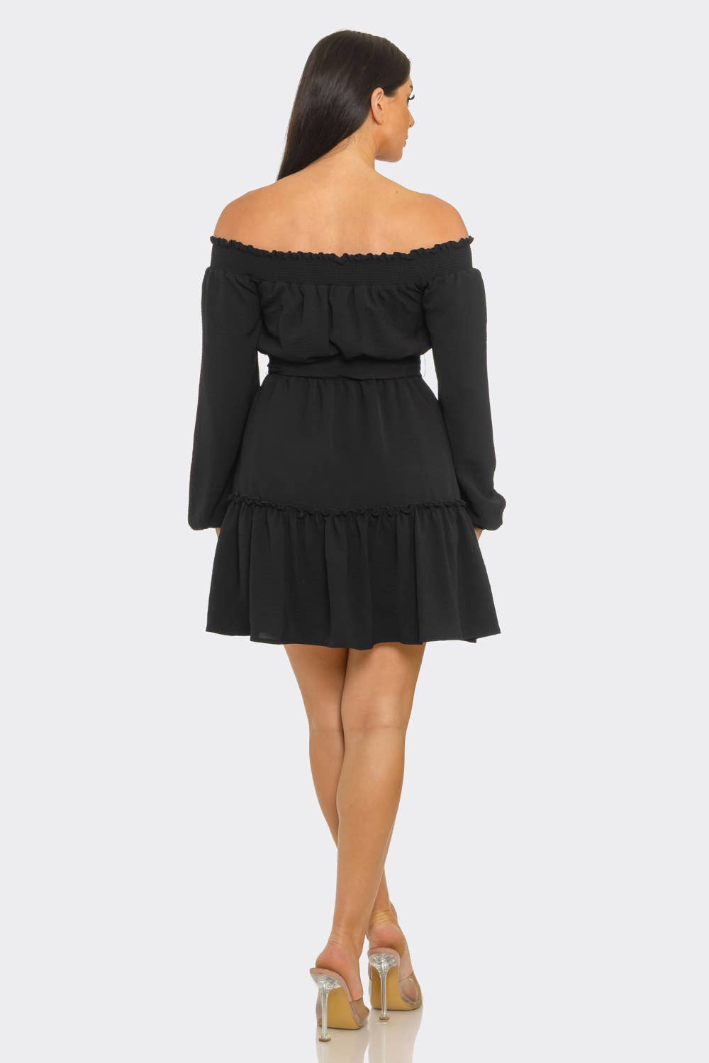 Elastic Shirring Off Shoulder Waist Belt Tie Dress