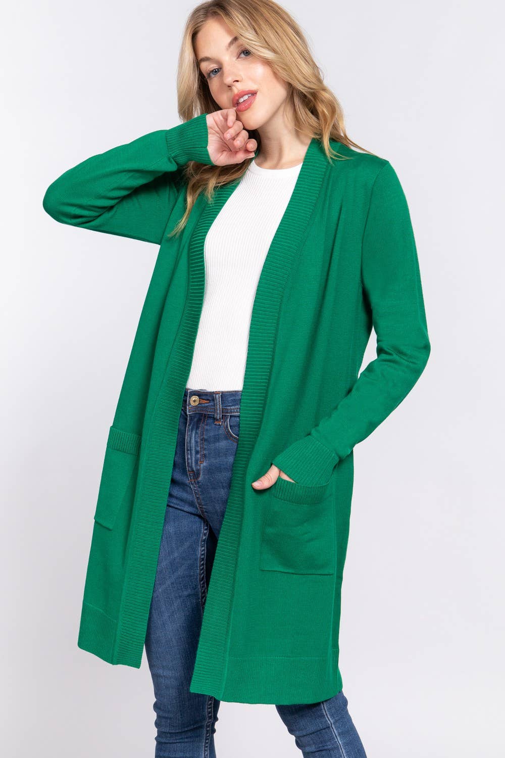 Long Sleeve Rib Banded Open Tunic Sweater Cardigan