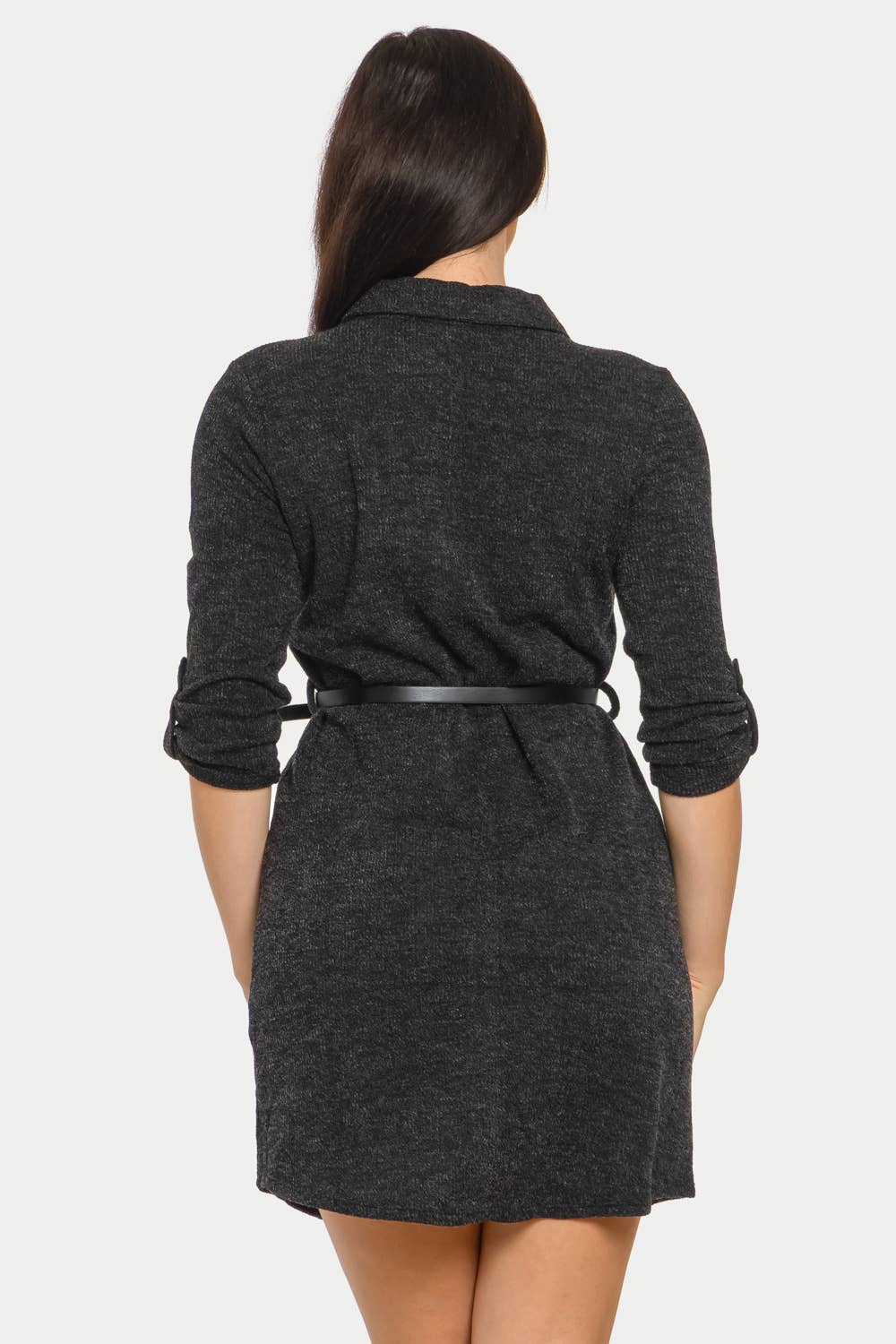 Button-Down Belted Ribbed Midi Dress