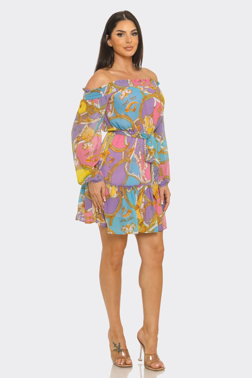 Elastic Shirring Off Shoulder Waist Belt Dress