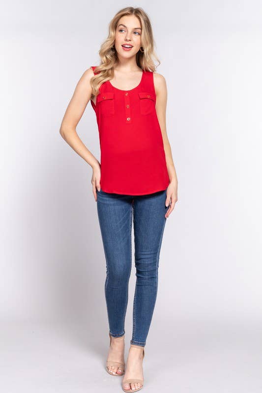 Sleeveless Scoop Neck Buttoned Pocket Woven Top