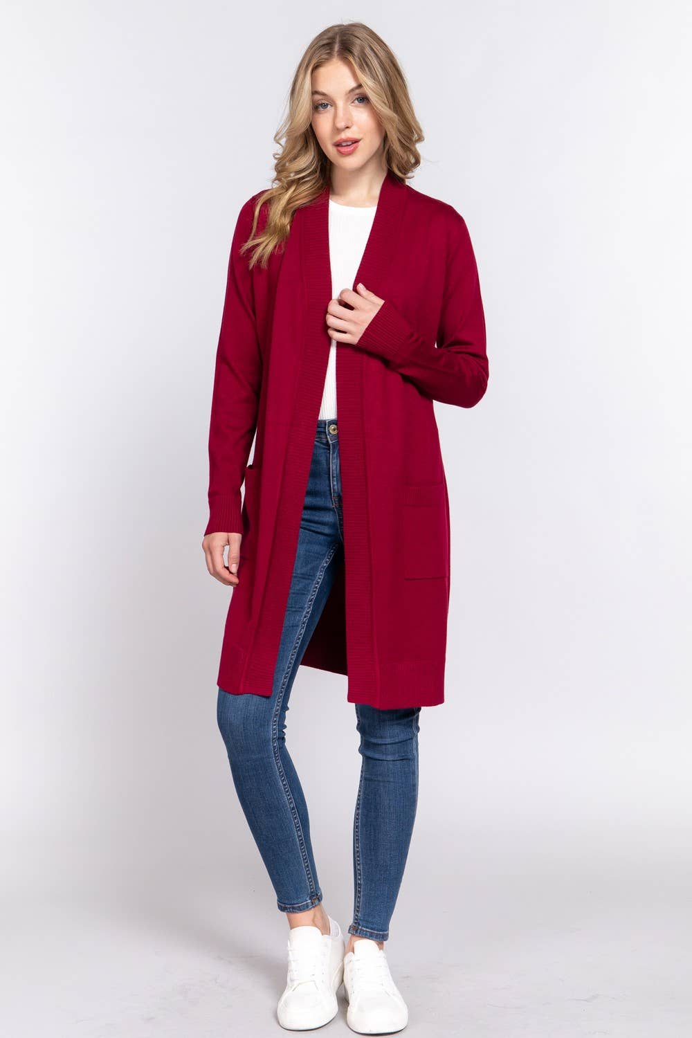 Long Sleeve Rib Banded Open Tunic Sweater Cardigan