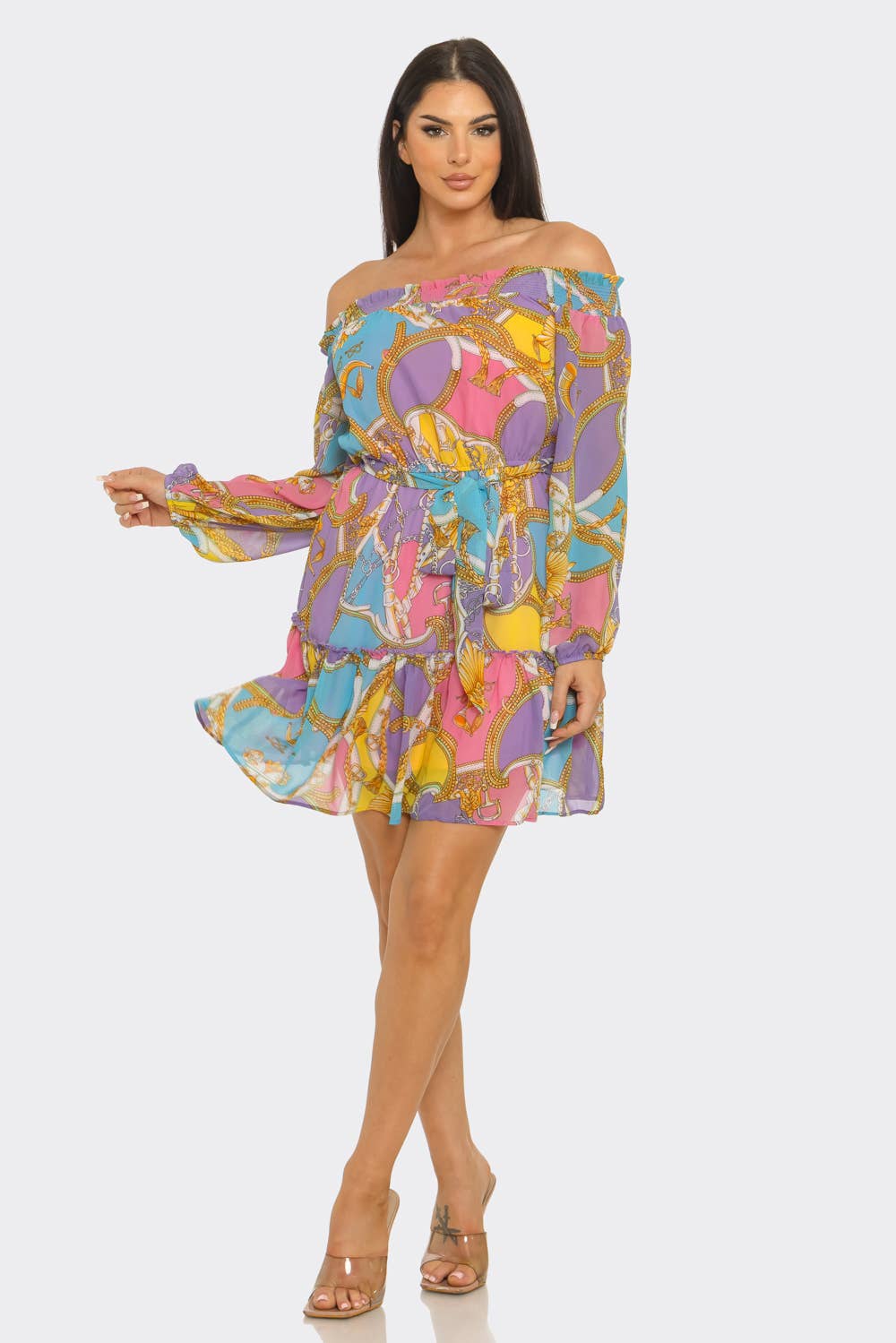 Elastic Shirring Off Shoulder Waist Belt Dress