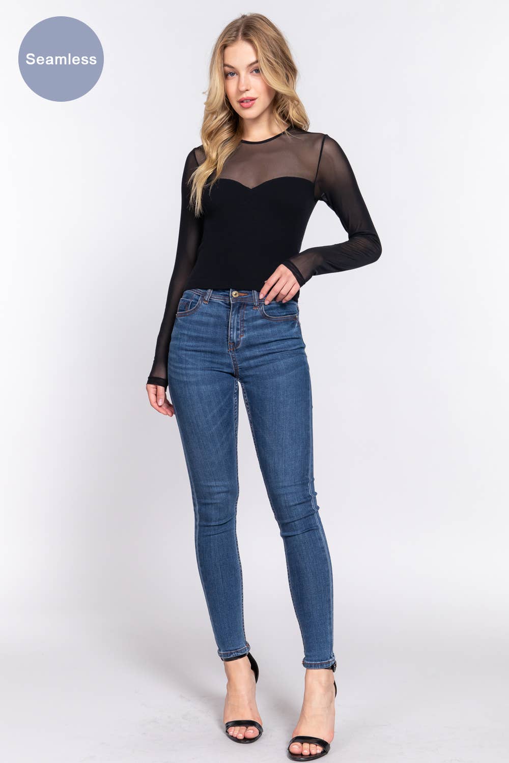 Long Sleeve Round Neck Mesh Combination Seamless Top