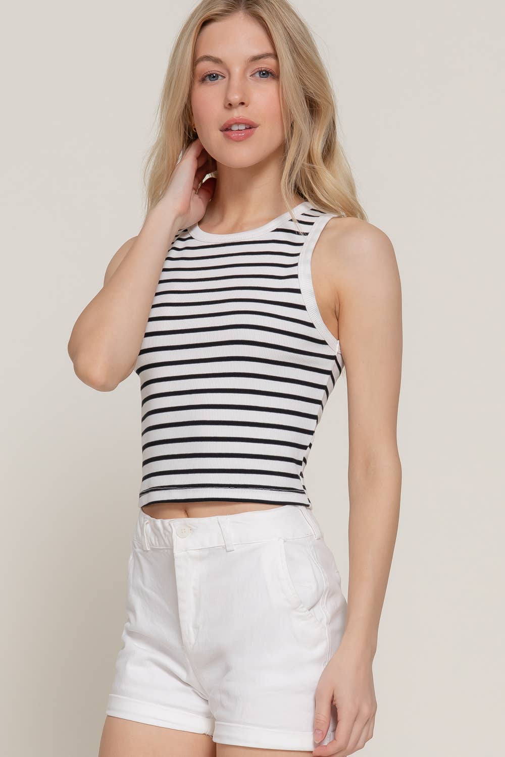 Sleeveless Round Neck Stripe Cotton Rib Knit Top