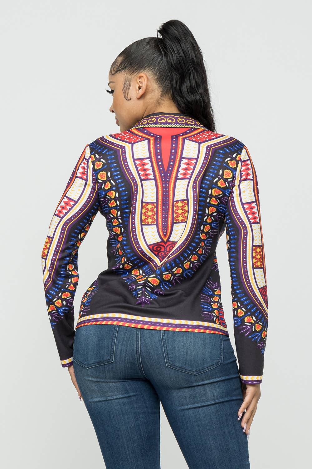 Dashiki Print Functional Button Collared Blazer