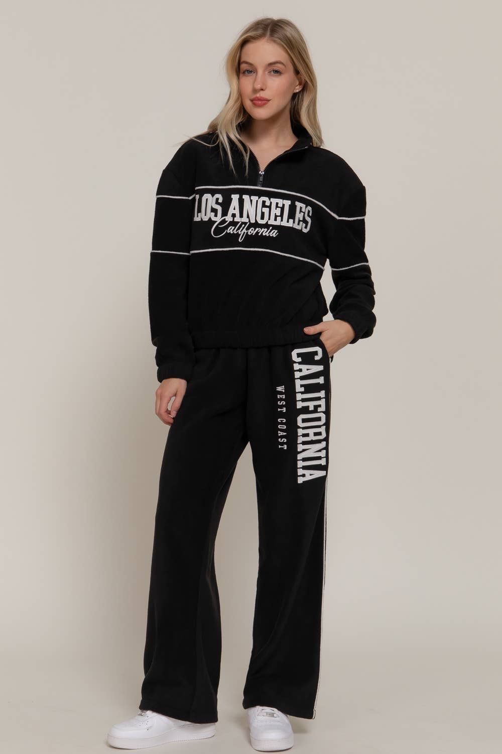 Wide Leg Piping Detail Fleece Pants with Embroidery