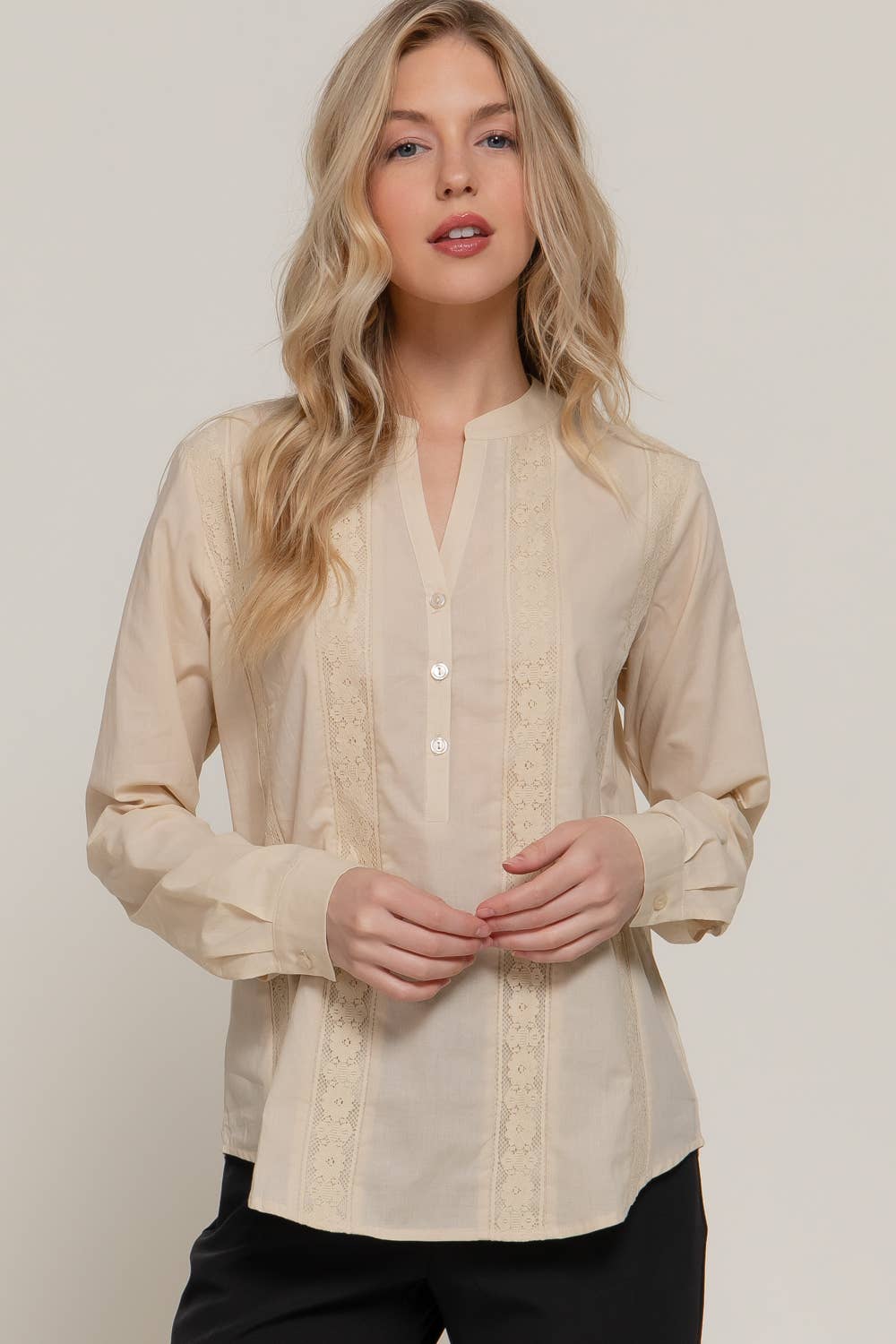 Long Sleeve Lace Panel Woven Blouse