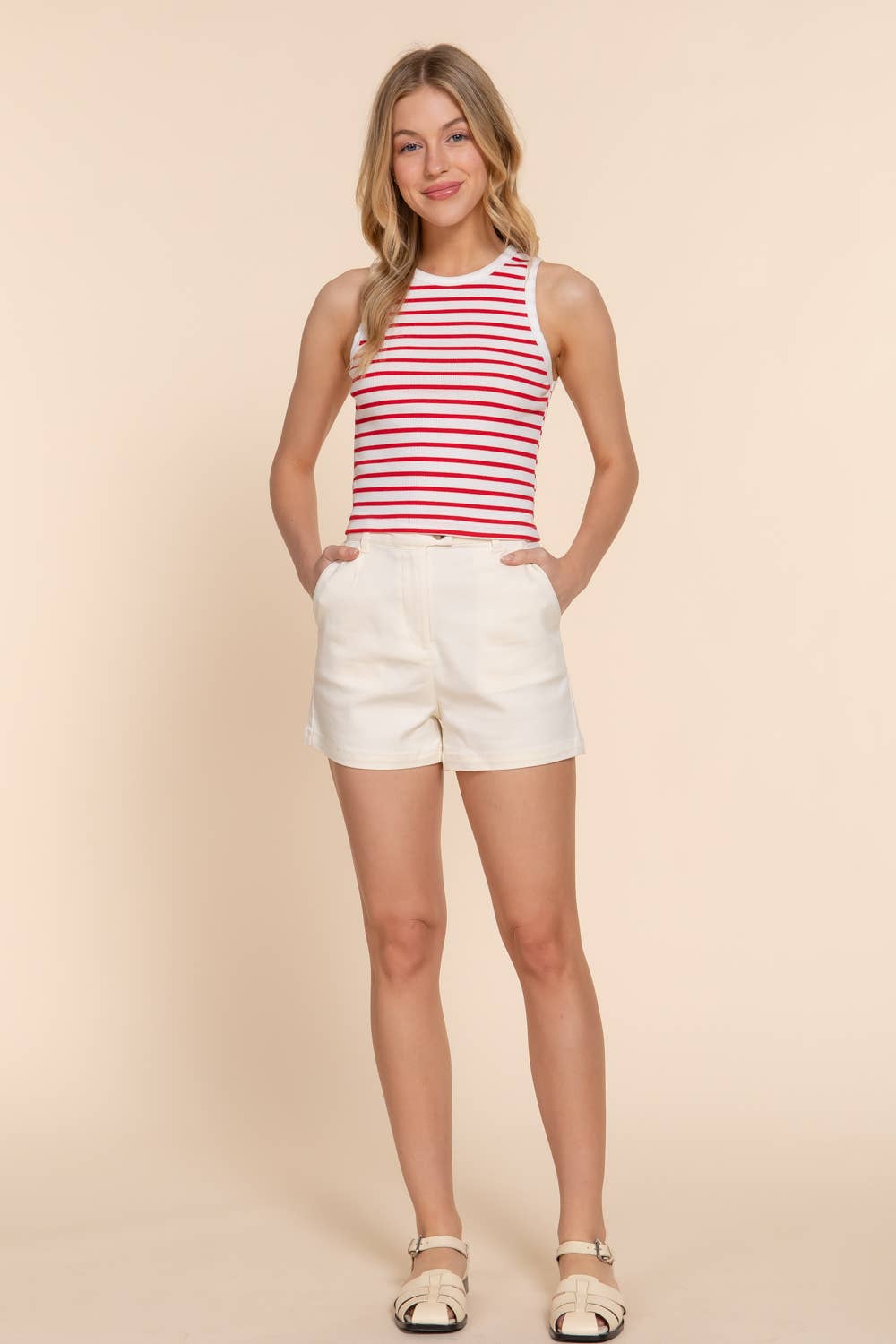 Sleeveless Round Neck Stripe Cotton Rib Knit Top