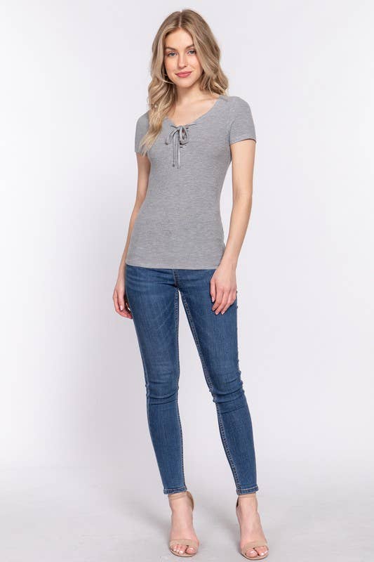 Short Sleeve Round Neck With Lace up Detail Rayon