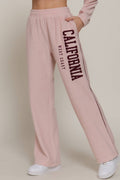 Wide Leg Piping Detail Fleece Pants with Embroidery