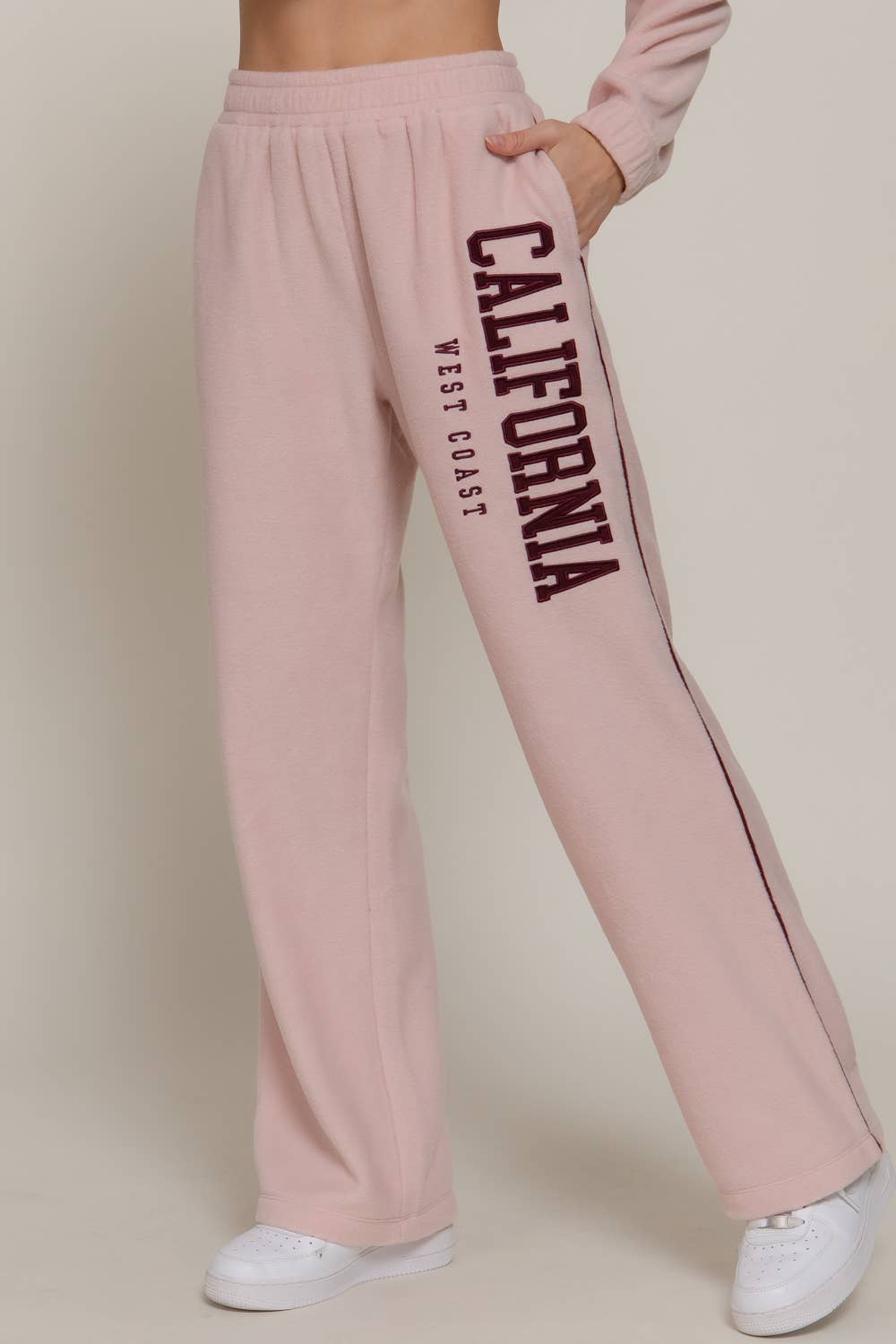 Wide Leg Piping Detail Fleece Pants with Embroidery