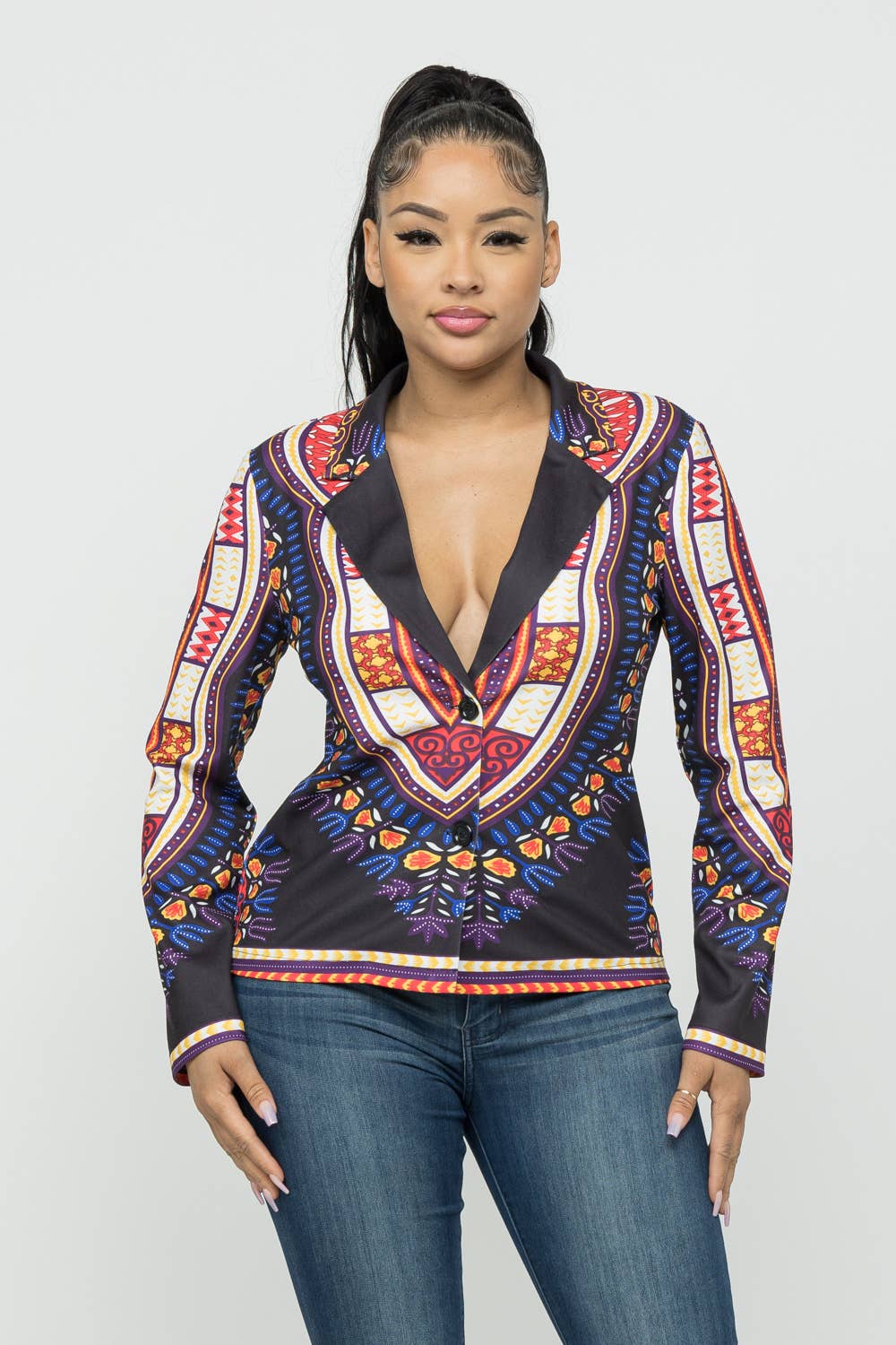Dashiki Print Functional Button Collared Blazer